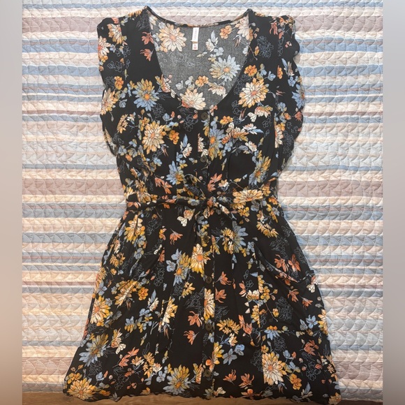 0107- Xhilaration XL Black Floral Midi Dress Tie Waist Button Front - Picture 3 of 8